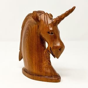 Vintage Hand Carved Wood Unicorn Bust Sculpture Folk Art Figure Dr Livingstone